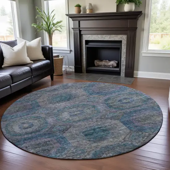 8' Blue Gray And Silver Geometric Washable Round Rug With UV Protection Photo 4