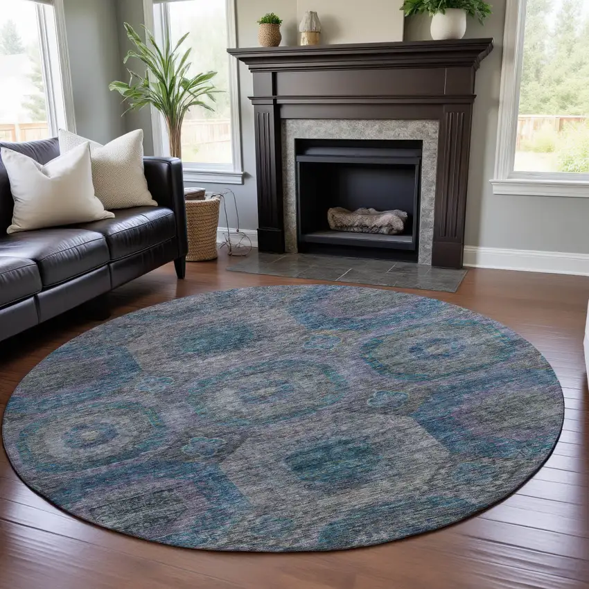 8' Blue Gray And Silver Geometric Washable Round Rug With UV Protection Photo 4