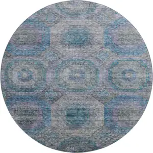 Photo of 8' Blue Gray And Silver Geometric Washable Round Rug With UV Protection