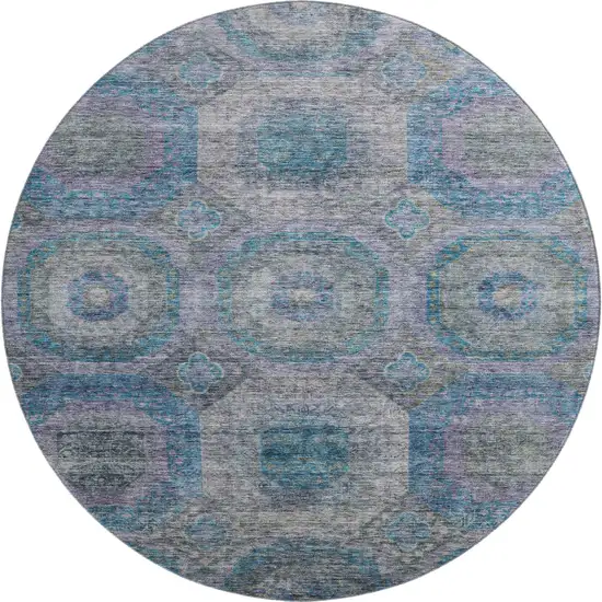 8' Blue Gray And Silver Geometric Washable Round Rug With UV Protection Photo 1