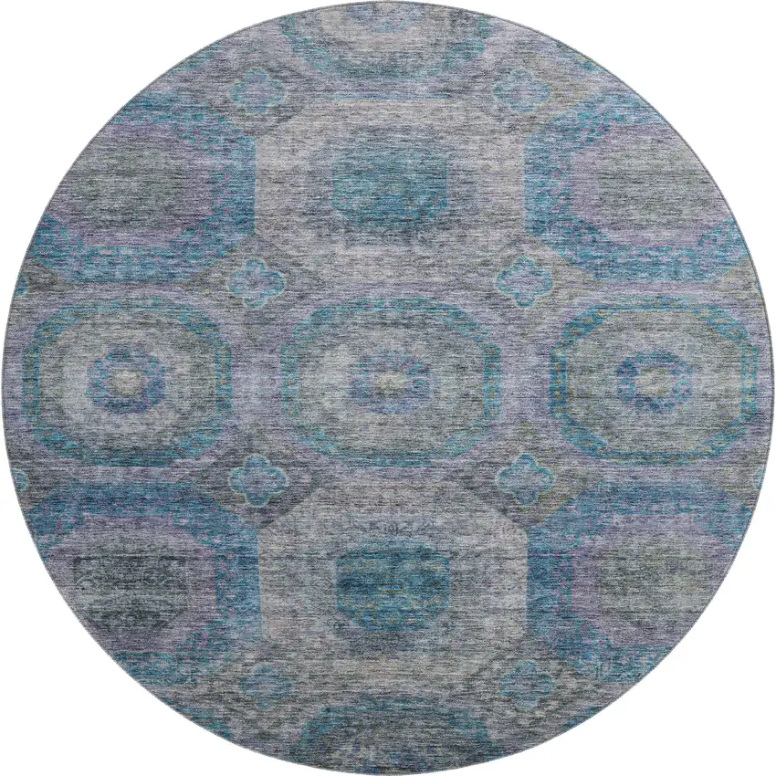 8' Blue Gray And Silver Geometric Washable Round Rug With UV Protection Photo 1