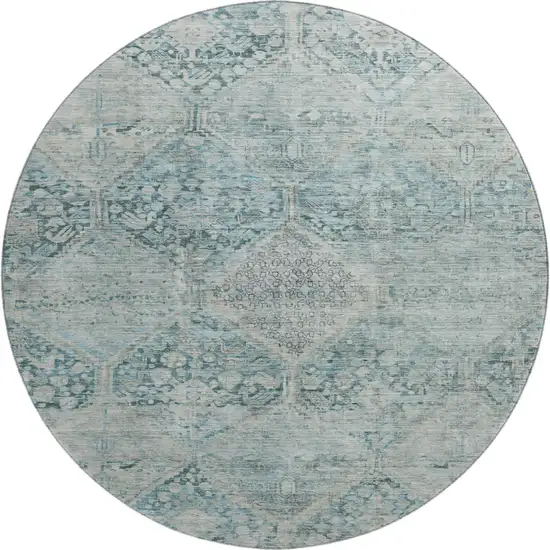 8' Blue Gray And Silver Geometric Washable Round Rug With UV Protection Photo 1