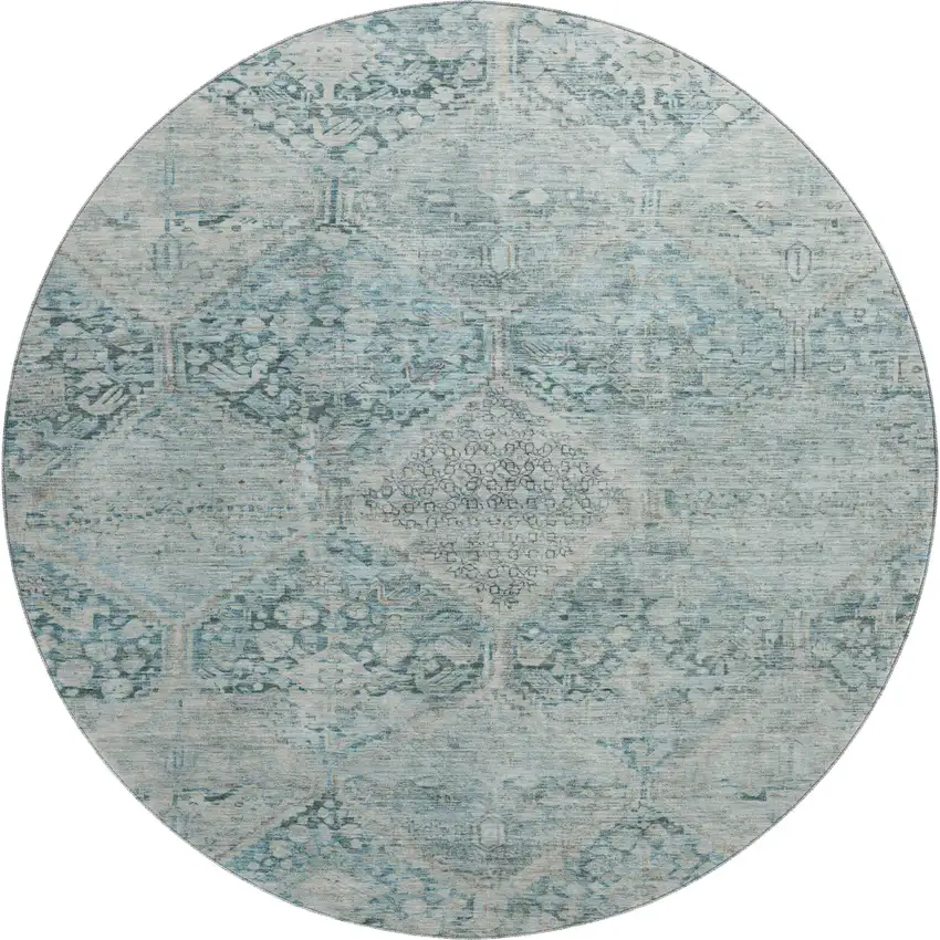 8' Blue Gray And Silver Geometric Washable Round Rug With UV Protection Photo 1