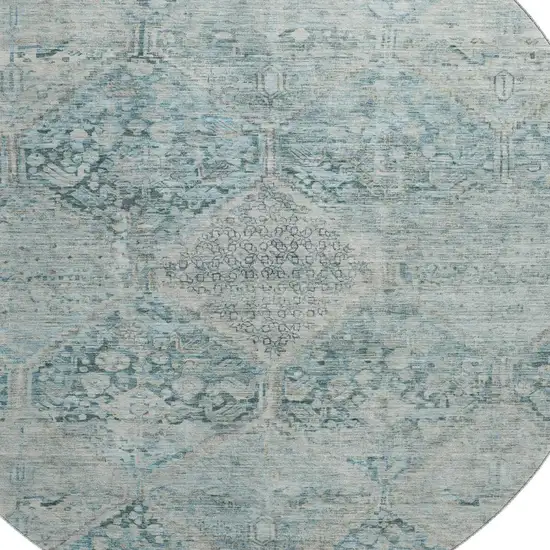 8' Blue Gray And Silver Geometric Washable Round Rug With UV Protection Photo 2