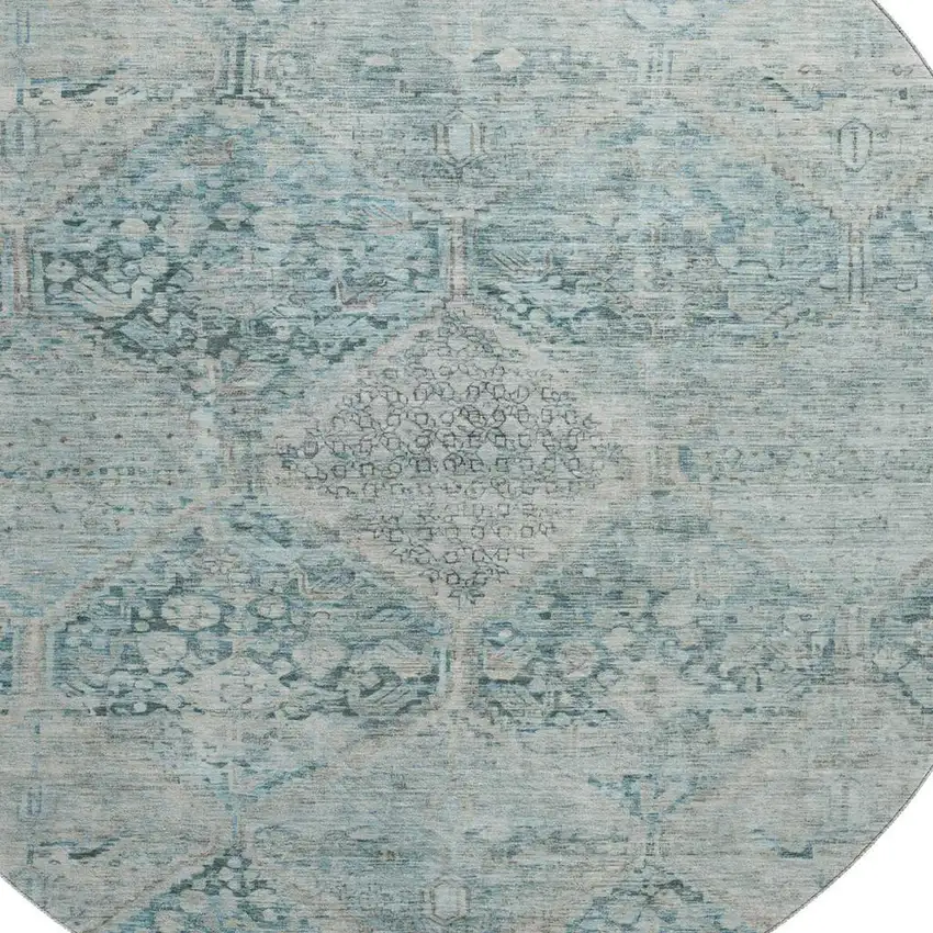 8' Blue Gray And Silver Geometric Washable Round Rug With UV Protection Photo 2