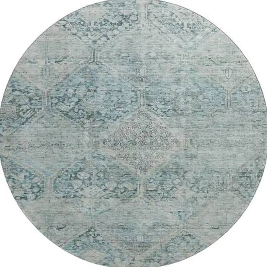 8' Blue Gray And Silver Geometric Washable Round Rug With UV Protection Photo 3