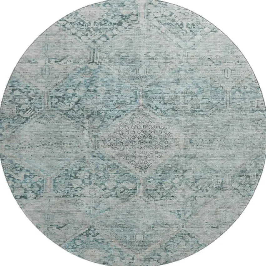 8' Blue Gray And Silver Geometric Washable Round Rug With UV Protection Photo 3