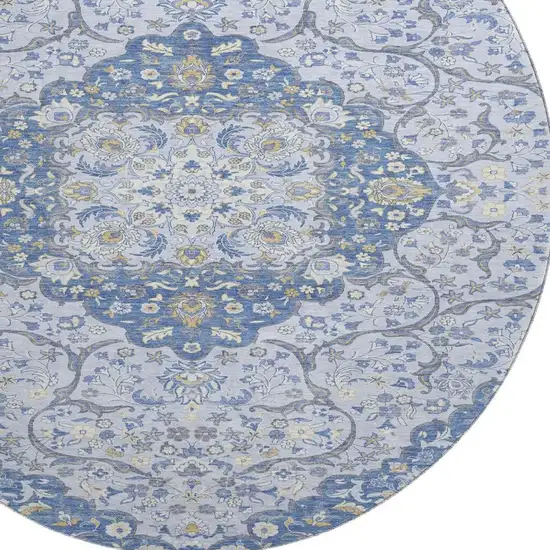 8' Blue Gray And Silver Medallion Washable Round Rug With UV Protection Photo 2