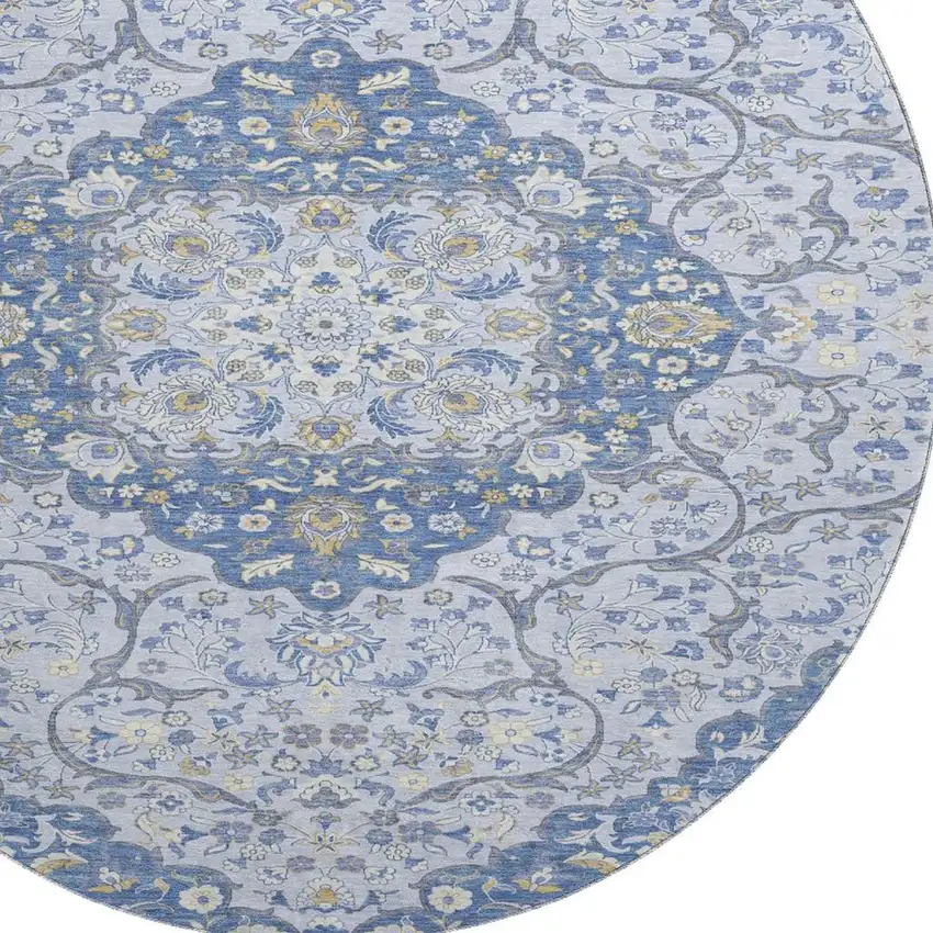 8' Blue Gray And Silver Medallion Washable Round Rug With UV Protection Photo 2
