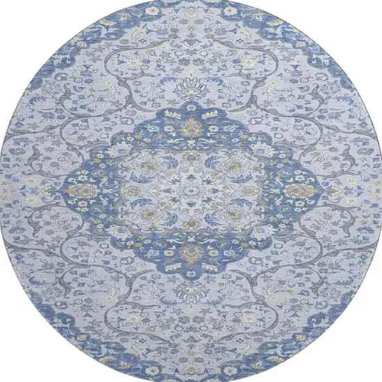 8' Blue Gray And Silver Medallion Washable Round Rug With UV Protection Photo 3