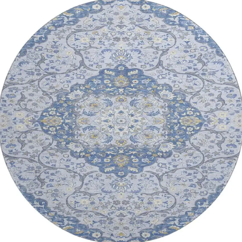 8' Blue Gray And Silver Medallion Washable Round Rug With UV Protection Photo 3