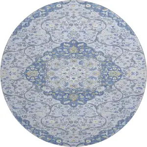 Photo of 8' Blue Gray And Silver Medallion Washable Round Rug With UV Protection