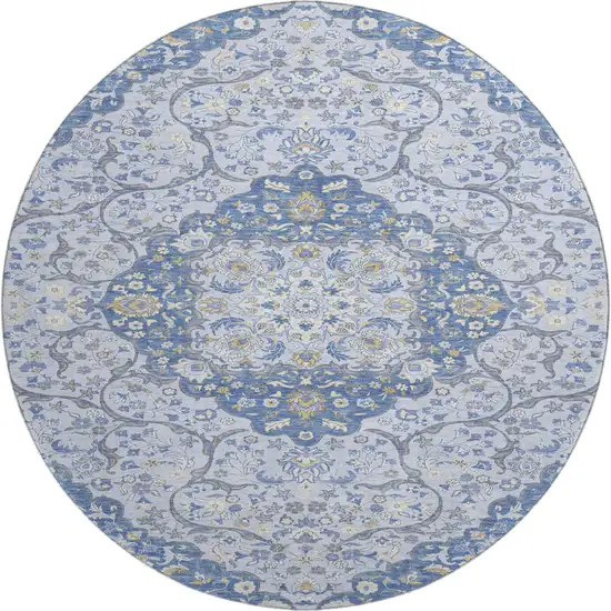 8' Blue Gray And Silver Medallion Washable Round Rug With UV Protection Photo 1