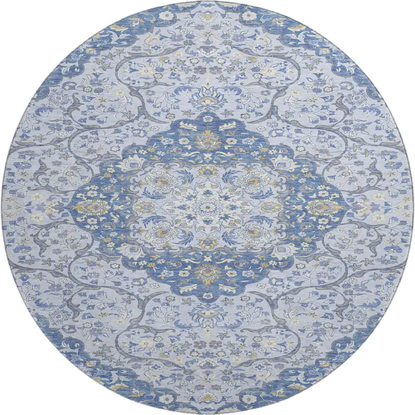 8' Blue Gray And Silver Medallion Washable Round Rug With UV Protection Photo 1