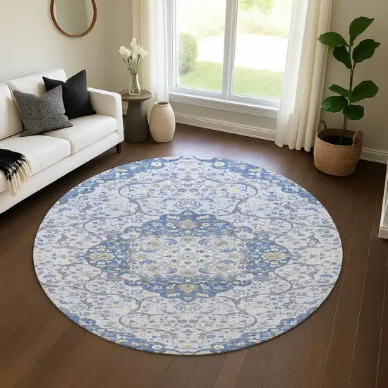 8' Blue Gray And Silver Medallion Washable Round Rug With UV Protection Photo 4