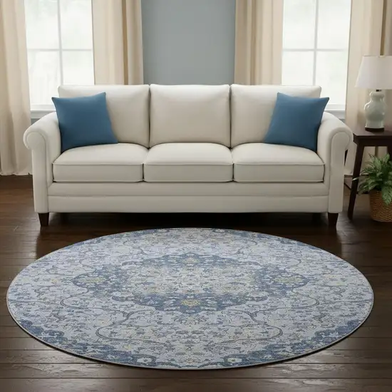 8' Blue Gray And Silver Medallion Washable Round Rug With UV Protection Photo 2