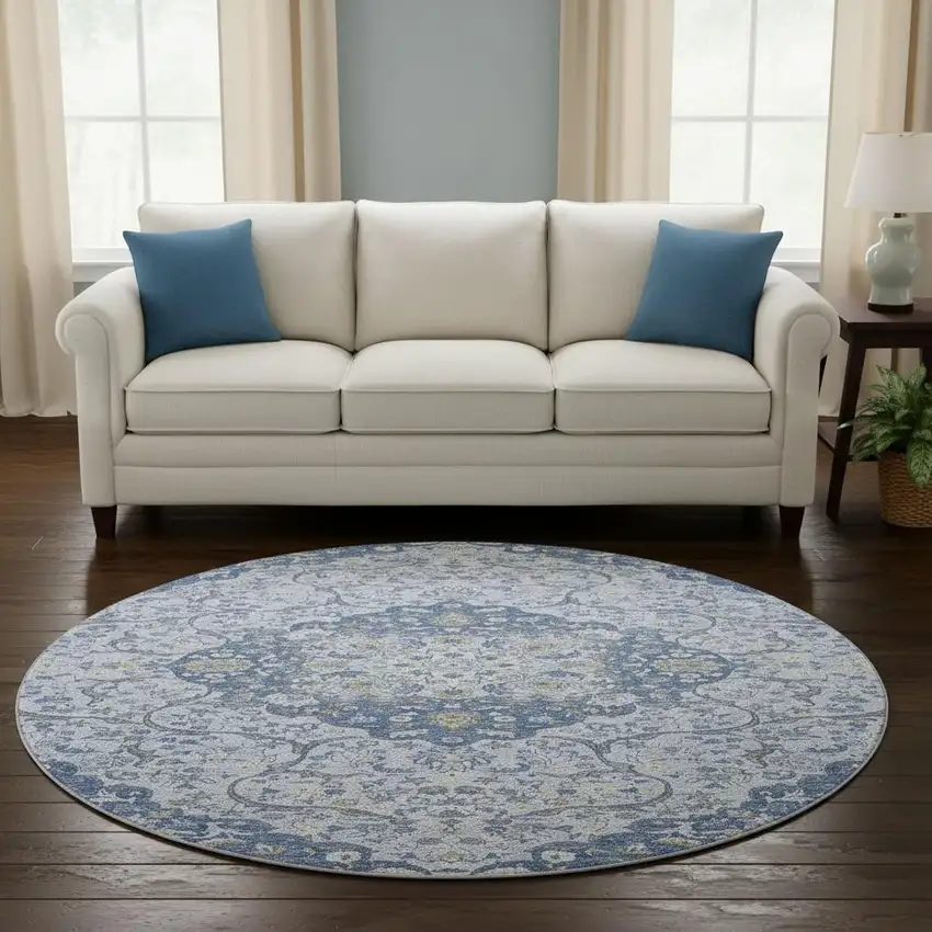 8' Blue Gray And Silver Medallion Washable Round Rug With UV Protection Photo 2