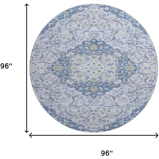 8' Blue Gray And Silver Medallion Washable Round Rug With UV Protection Photo 9