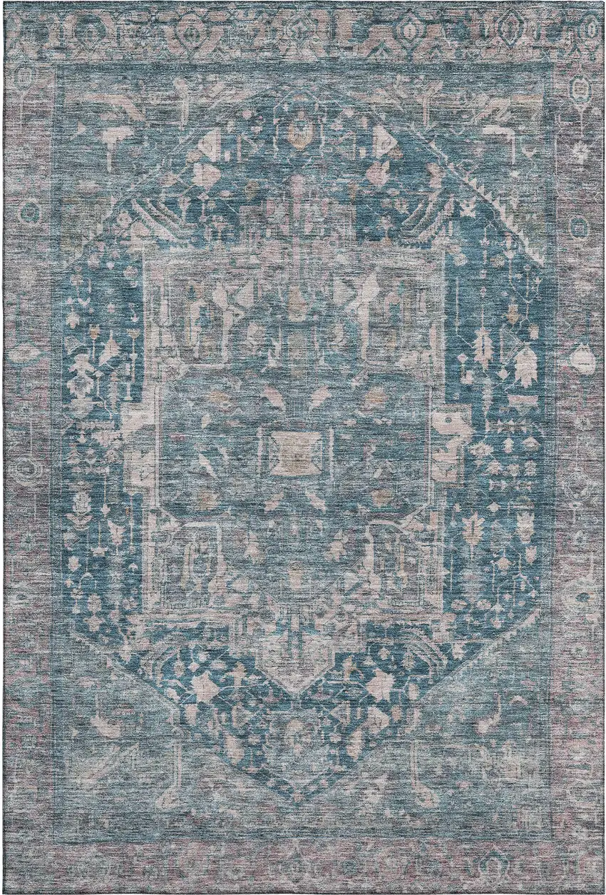 8' Blue Gray And Silver Oriental Washable Area Rug With UV Protection Photo 1