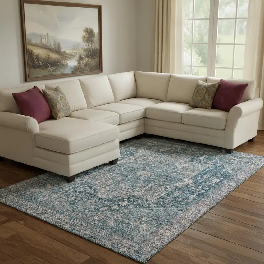 8' Blue Gray And Silver Oriental Washable Area Rug With UV Protection Photo 2