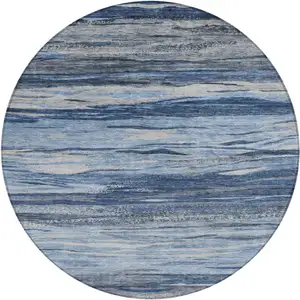 Photo of 8' Blue Gray And Silver Round Abstract Washable Indoor Outdoor Area Rug