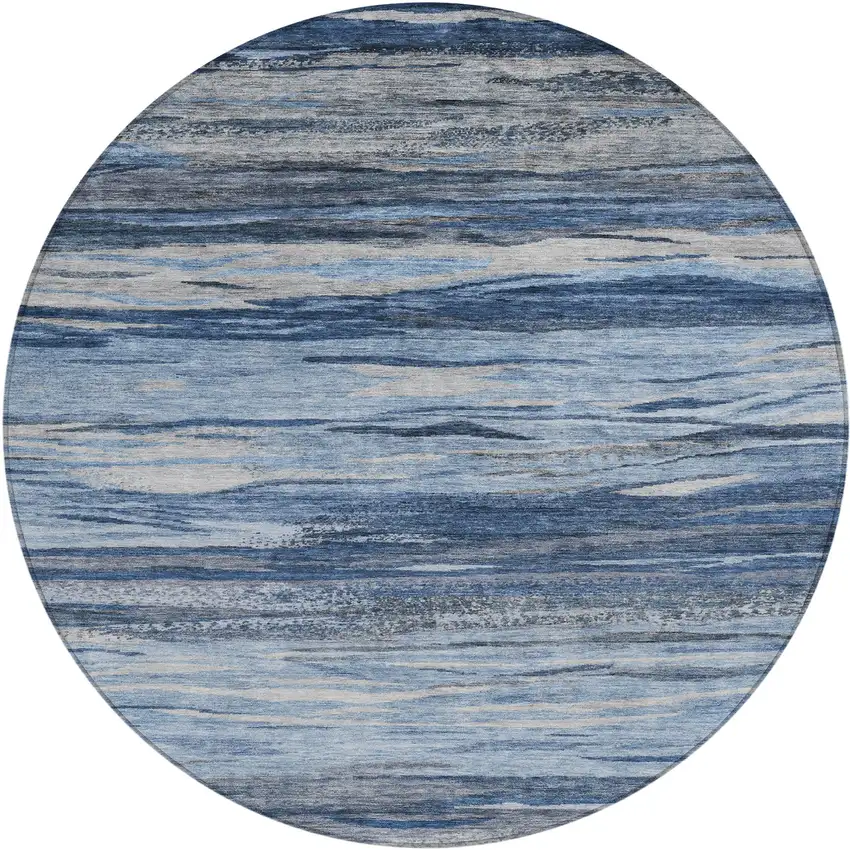 8' Blue Gray And Silver Round Abstract Washable Indoor Outdoor Area Rug Photo 1