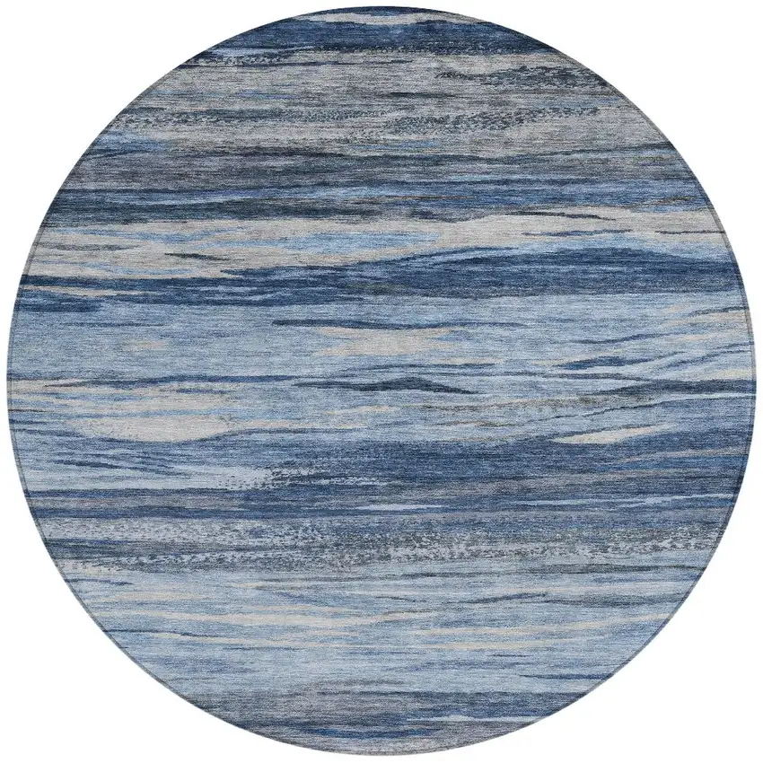 8' Blue Gray And Silver Round Abstract Washable Indoor Outdoor Area Rug Photo 7