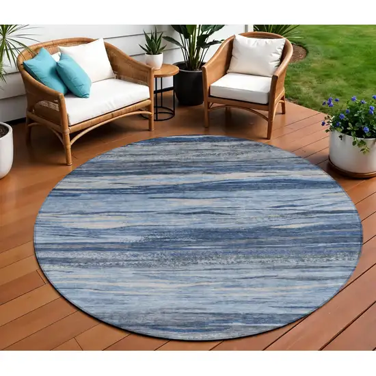 8' Blue Gray And Silver Round Abstract Washable Indoor Outdoor Area Rug Photo 2