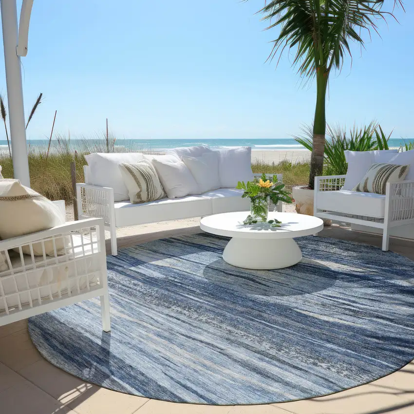 8' Blue Gray And Silver Round Abstract Washable Indoor Outdoor Area Rug Photo 5