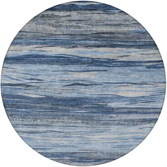 8' Blue Gray And Silver Round Abstract Washable Indoor Outdoor Area Rug Photo 4