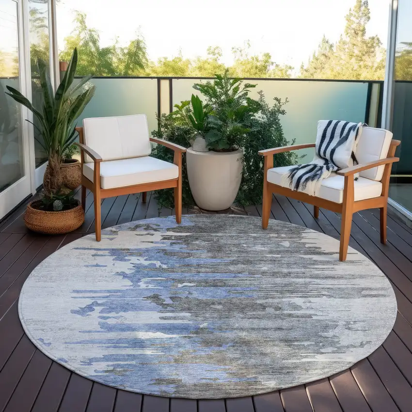 8' Blue Gray And Silver Round Abstract Washable Indoor Outdoor Area Rug Photo 6