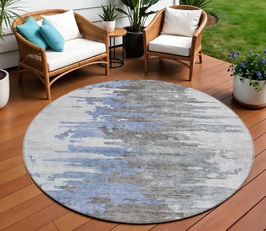 8' Blue Gray And Silver Round Abstract Washable Indoor Outdoor Area Rug Photo 1