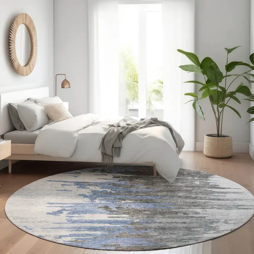 8' Blue Gray And Silver Round Abstract Washable Indoor Outdoor Area Rug Photo 7