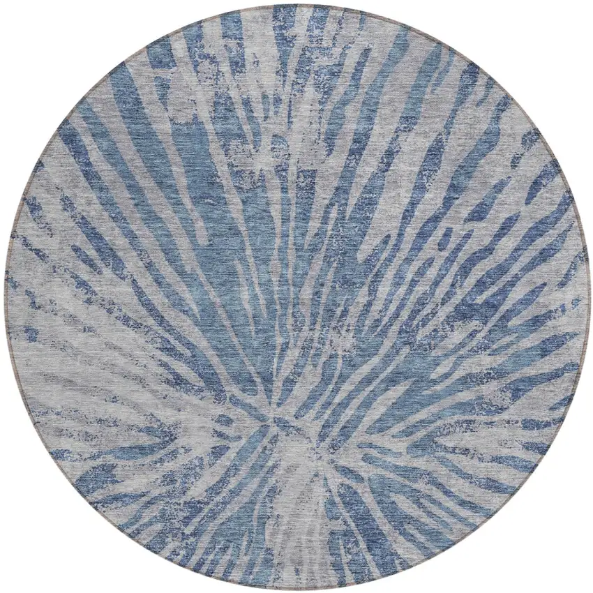 8' Blue Gray And Silver Round Abstract Washable Indoor Outdoor Area Rug Photo 2