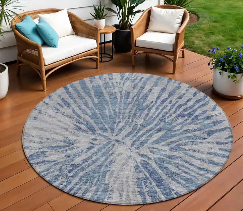 8' Blue Gray And Silver Round Abstract Washable Indoor Outdoor Area Rug Photo 1