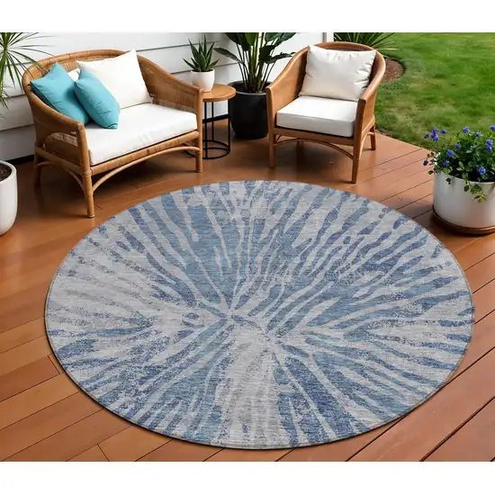 8' Blue Gray And Silver Round Abstract Washable Indoor Outdoor Area Rug Photo 1