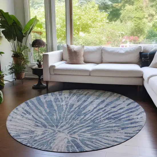 8' Blue Gray And Silver Round Abstract Washable Indoor Outdoor Area Rug Photo 7