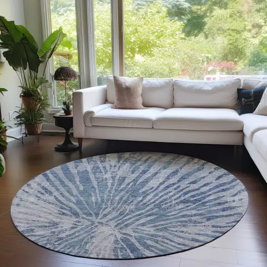 8' Blue Gray And Silver Round Abstract Washable Indoor Outdoor Area Rug Photo 7