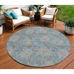 Photo of 8' Blue Gray And Silver Round Floral Washable Indoor Outdoor Area Rug