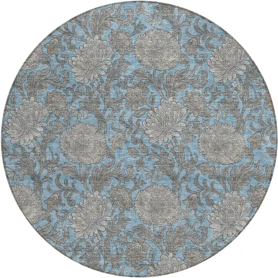 8' Blue Gray And Silver Round Floral Washable Indoor Outdoor Area Rug Photo 2