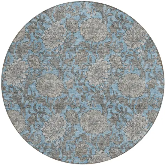 8' Blue Gray And Silver Round Floral Washable Indoor Outdoor Area Rug Photo 2