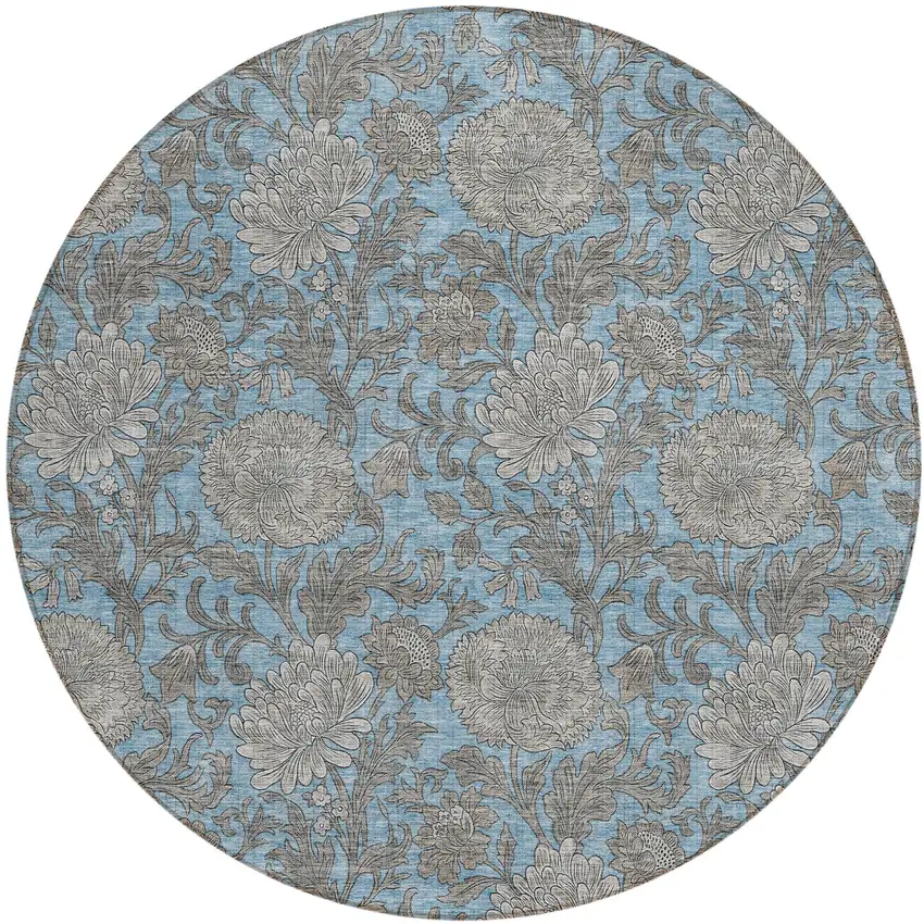 8' Blue Gray And Silver Round Floral Washable Indoor Outdoor Area Rug Photo 2