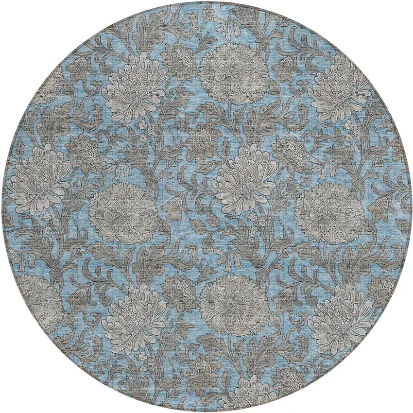 8' Blue Gray And Silver Round Floral Washable Indoor Outdoor Area Rug Photo 2