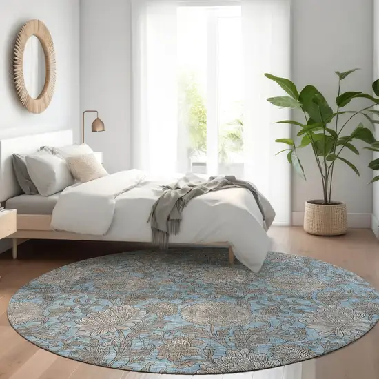 8' Blue Gray And Silver Round Floral Washable Indoor Outdoor Area Rug Photo 8