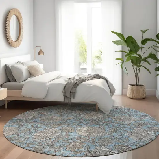 8' Blue Gray And Silver Round Floral Washable Indoor Outdoor Area Rug Photo 8