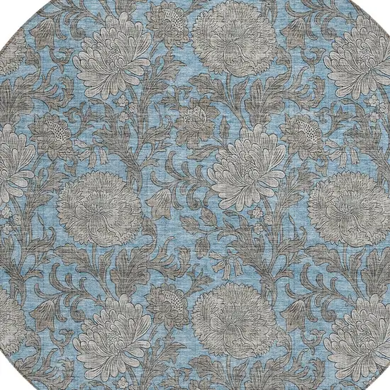 8' Blue Gray And Silver Round Floral Washable Indoor Outdoor Area Rug Photo 5