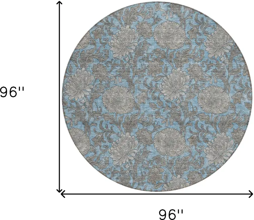 8' Blue Gray And Silver Round Floral Washable Indoor Outdoor Area Rug Photo 3