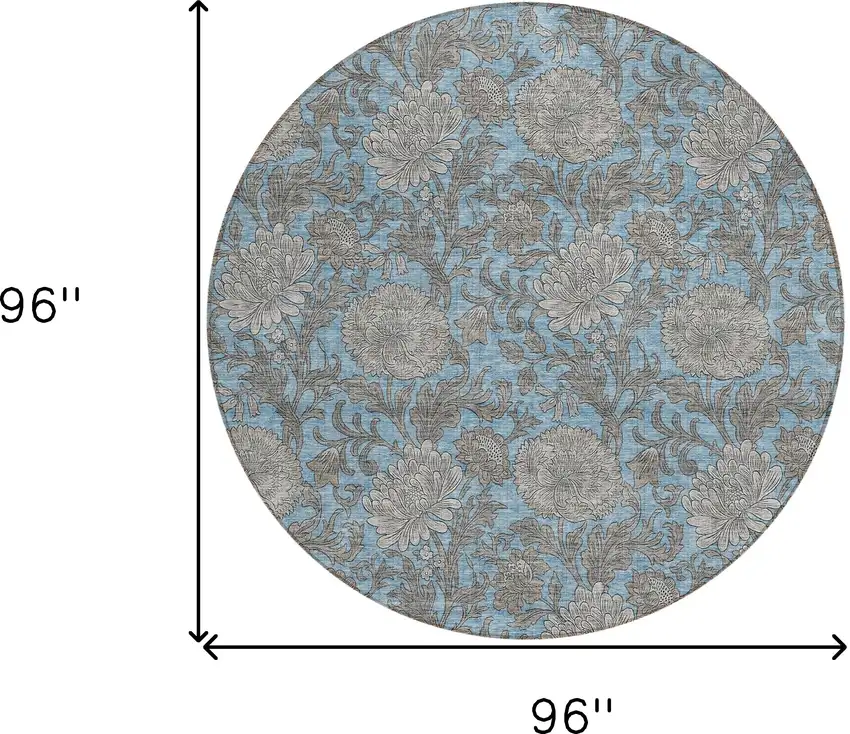 8' Blue Gray And Silver Round Floral Washable Indoor Outdoor Area Rug Photo 3