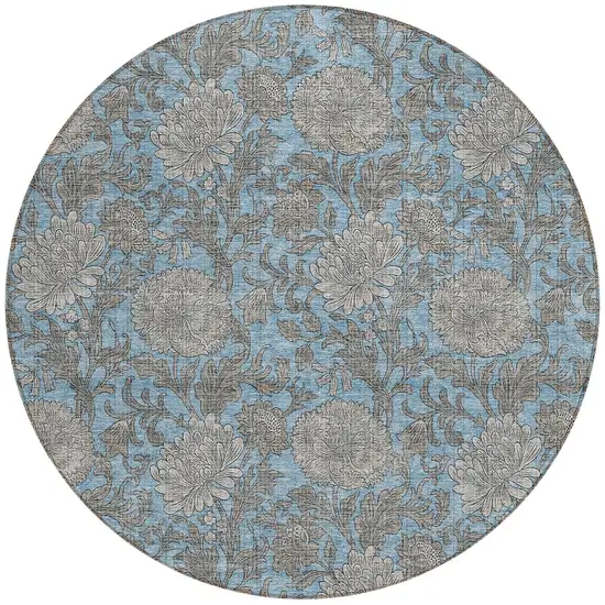 8' Blue Gray And Silver Round Floral Washable Indoor Outdoor Area Rug Photo 6