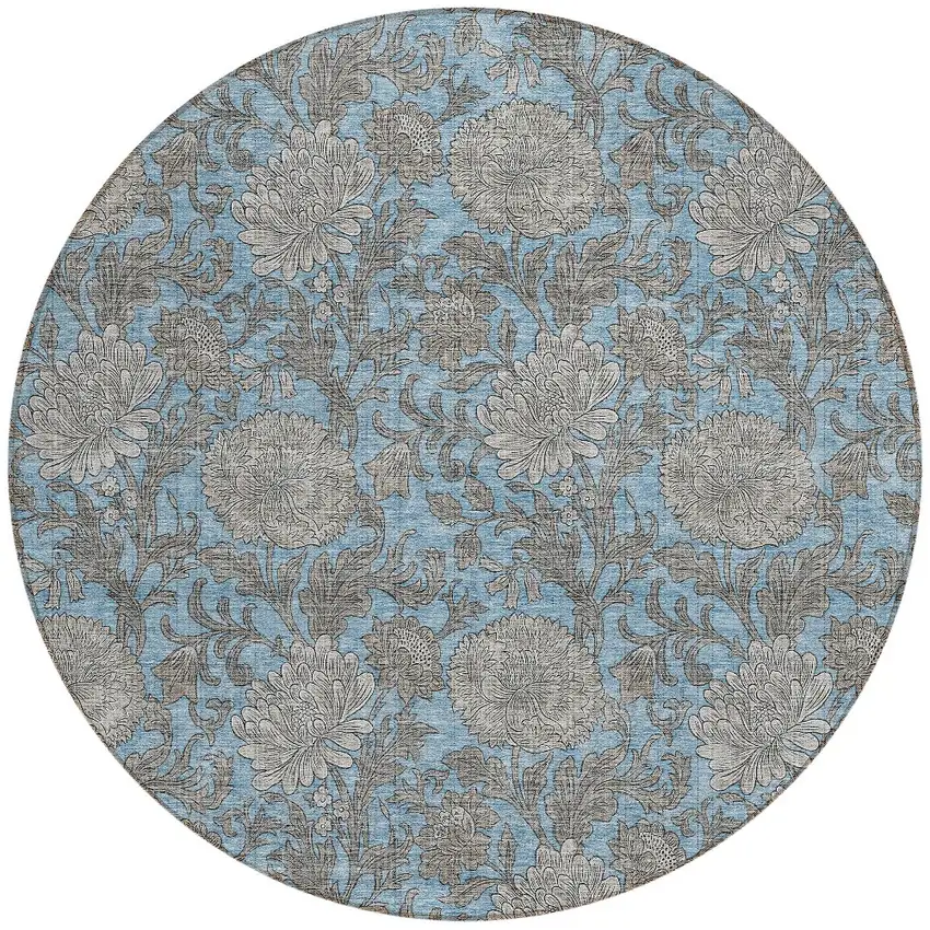 8' Blue Gray And Silver Round Floral Washable Indoor Outdoor Area Rug Photo 6
